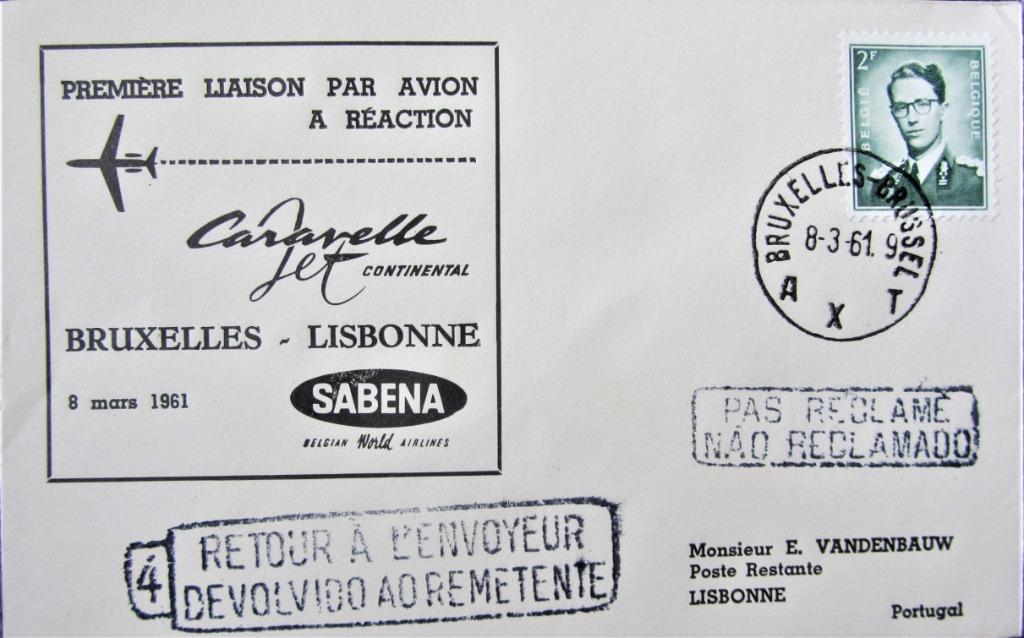 FDC SABENA- BRUSSEL- LISSABON 1961, Enlèvement ou Envoi, Affranchi, Avions