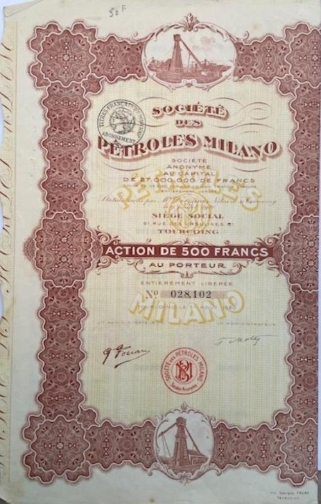 Action de Pétroles Milano 1920 (VF), Timbres & Monnaies, Actions & Titres, Enlèvement ou Envoi, 1920 à 1950, Action