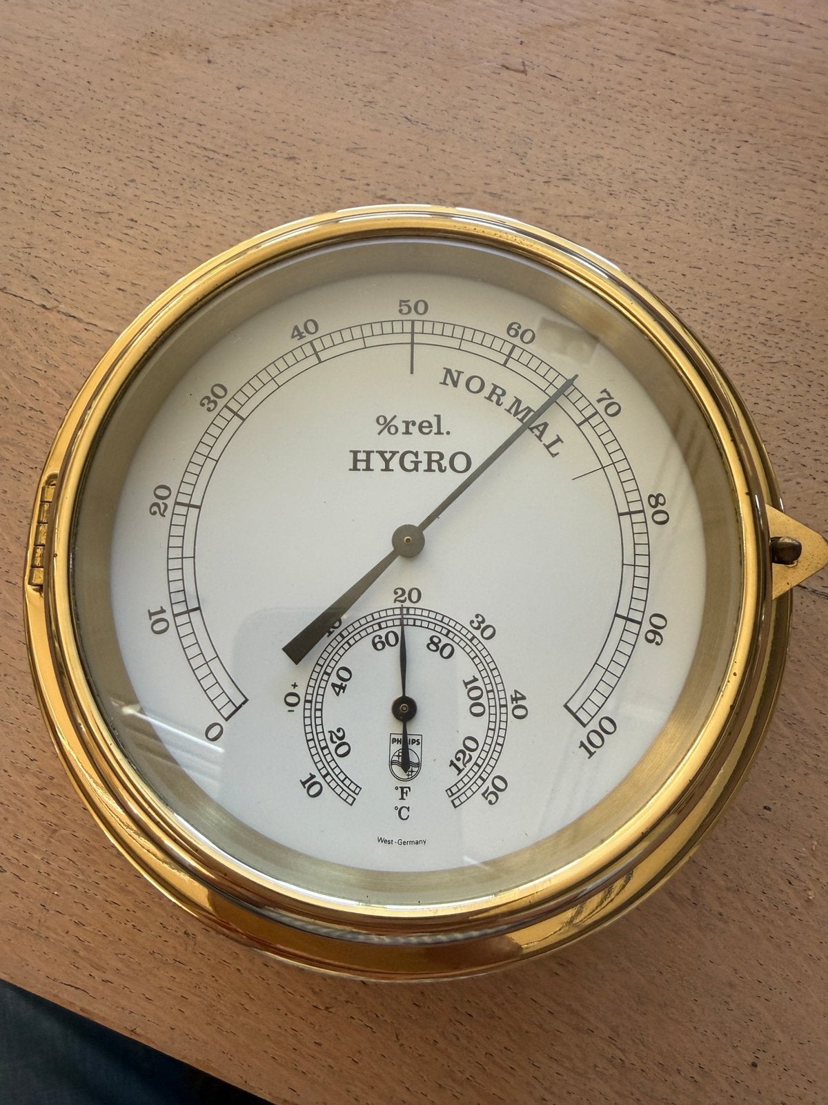 Hygromètre et thermomètre Philips Vintage, laiton, Enlèvement ou Envoi, Utilisé, Baromètre