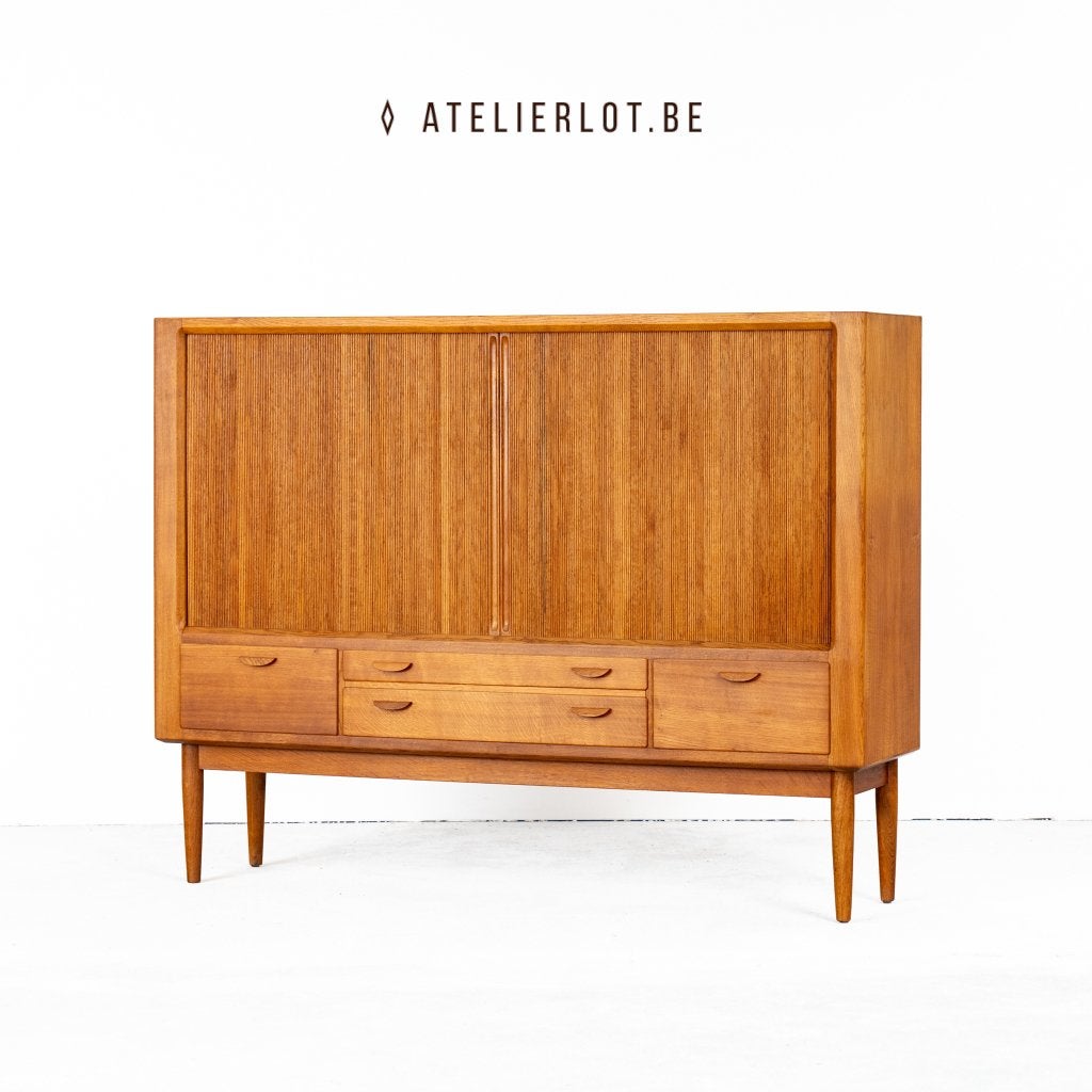 Deens Design Highboard jaloeziedeuren – Chr. L. Larsen & Søn, 25 à 50 cm, 150 à 200 cm, Utilisé, Chêne
