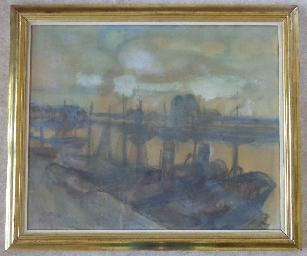 AUGUSTE OLEFFE / HAVEN OOSTENDE / ORIGINEEL WERK / 87x103cm, Antiquités & Art, Aquarelle, Expressionniste, Papier, Maritime / eau