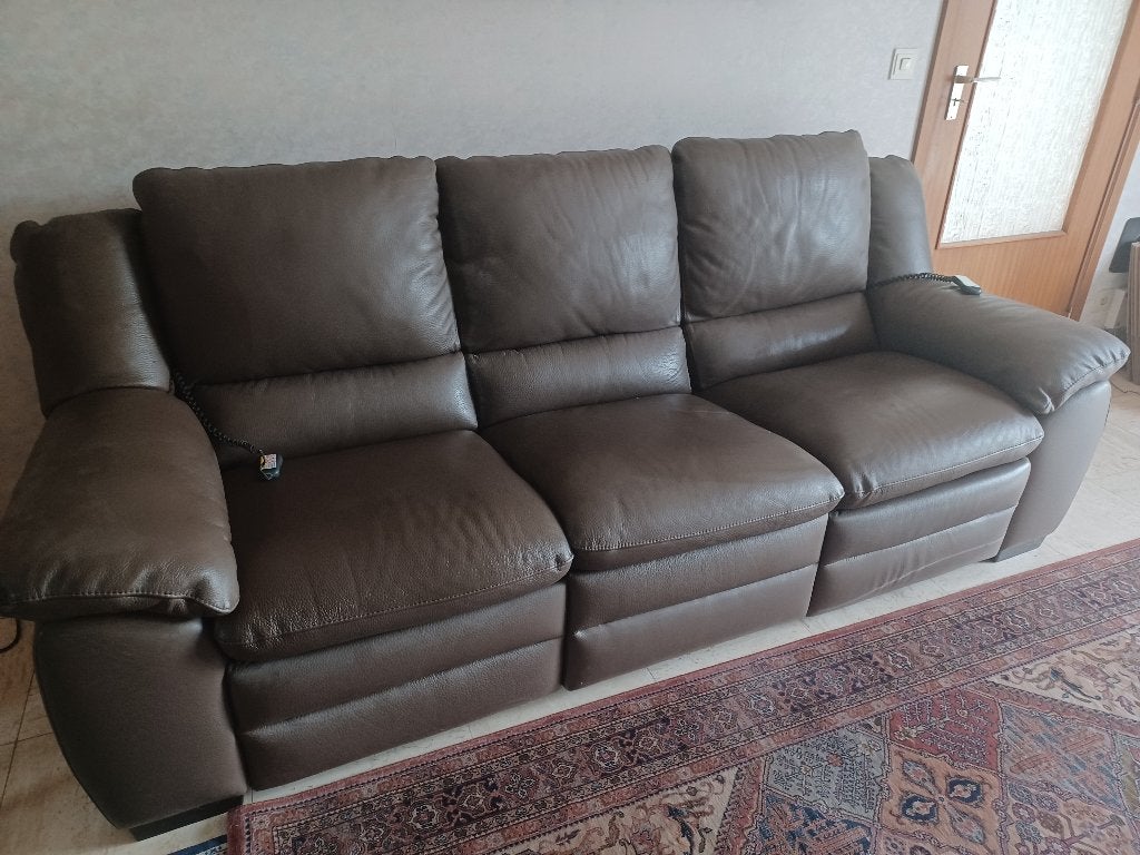 3 places en cuir avec 2 relax électriques, 200 à 250 cm, Banc droit, Utilisé, Cuir