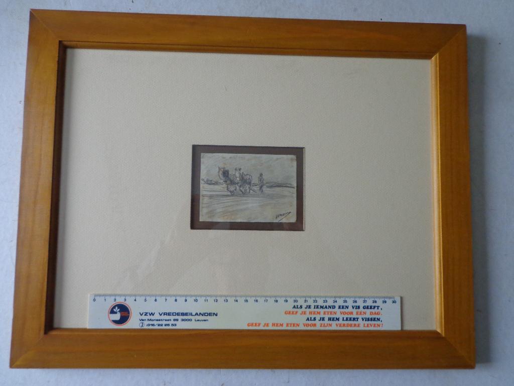 potloodtekening Jos Mous "Landschap met boer en paardenspan", Antiek en Kunst, Ophalen of Verzenden