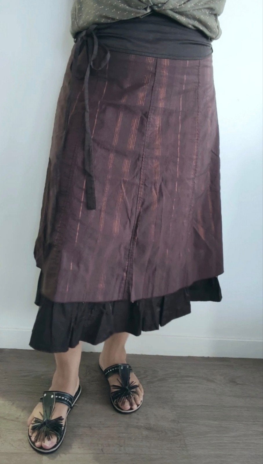 jupe midi vintage dark chocolat à rayures taille XL, Enlèvement ou Envoi, Porté, Taille 42/44 (L)