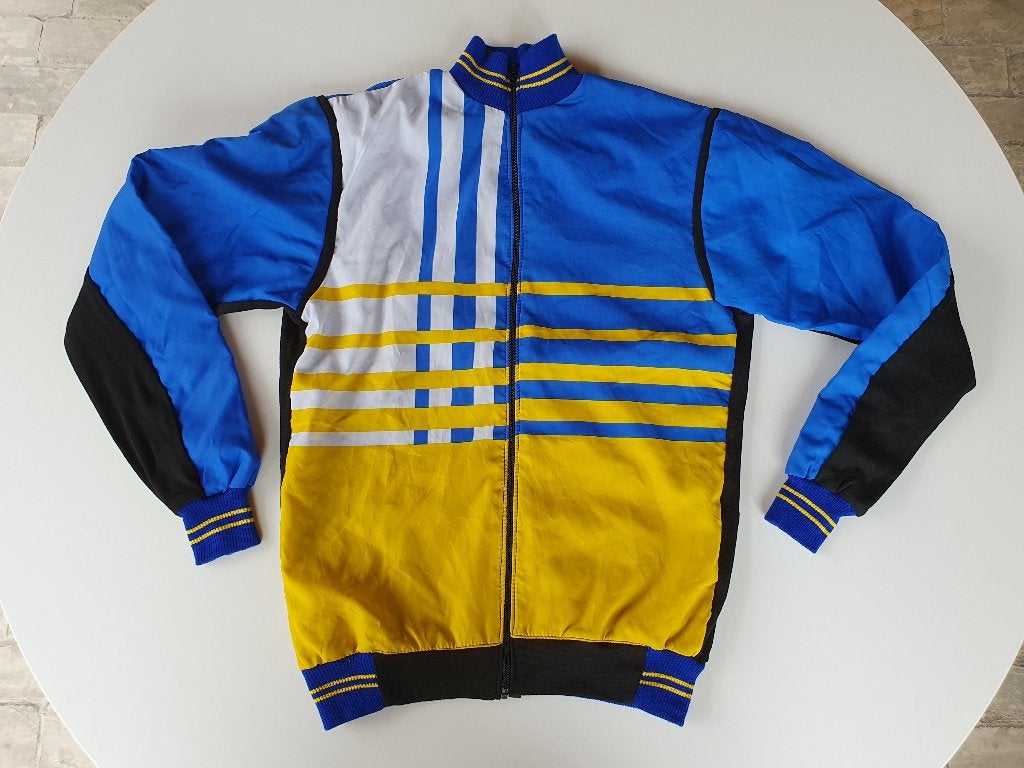 Vintage blauw-geel-witte wielerjas (Wal-Mar Sport, W.M.S), Ophalen of Verzenden, Gebruikt, Kleding