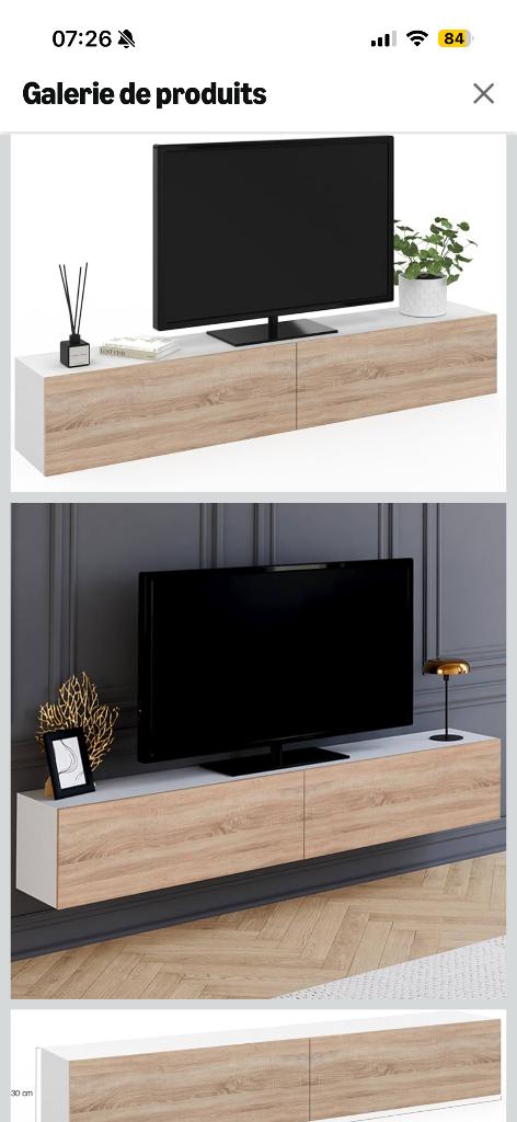 Meuble TV suspendu neuf blanc et bois double porte, Enlèvement, Neuf, 150 à 200 cm, Blanc et bois