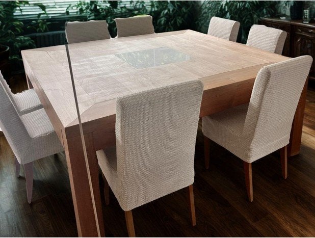 Vierkante massiefeiken eettafel en 12 lederen witte stoelen, Ophalen, Gebruikt, 150 tot 200 cm, Vijf personen of meer