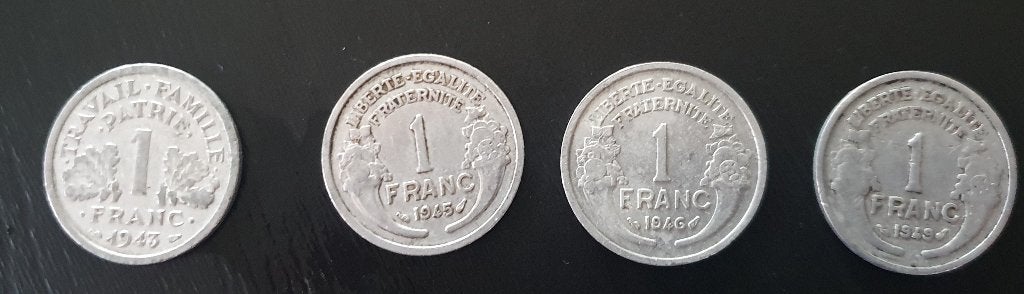 4 oude franse munten 1943-1945-1946-1949 van 1 franc, Ophalen of Verzenden, Frankrijk