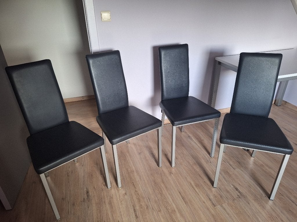 4 zwarte lederen eetkamer/ keuken stoelen, Huis en Inrichting, Stoelen, Ophalen, Gebruikt, Zwart, Leer