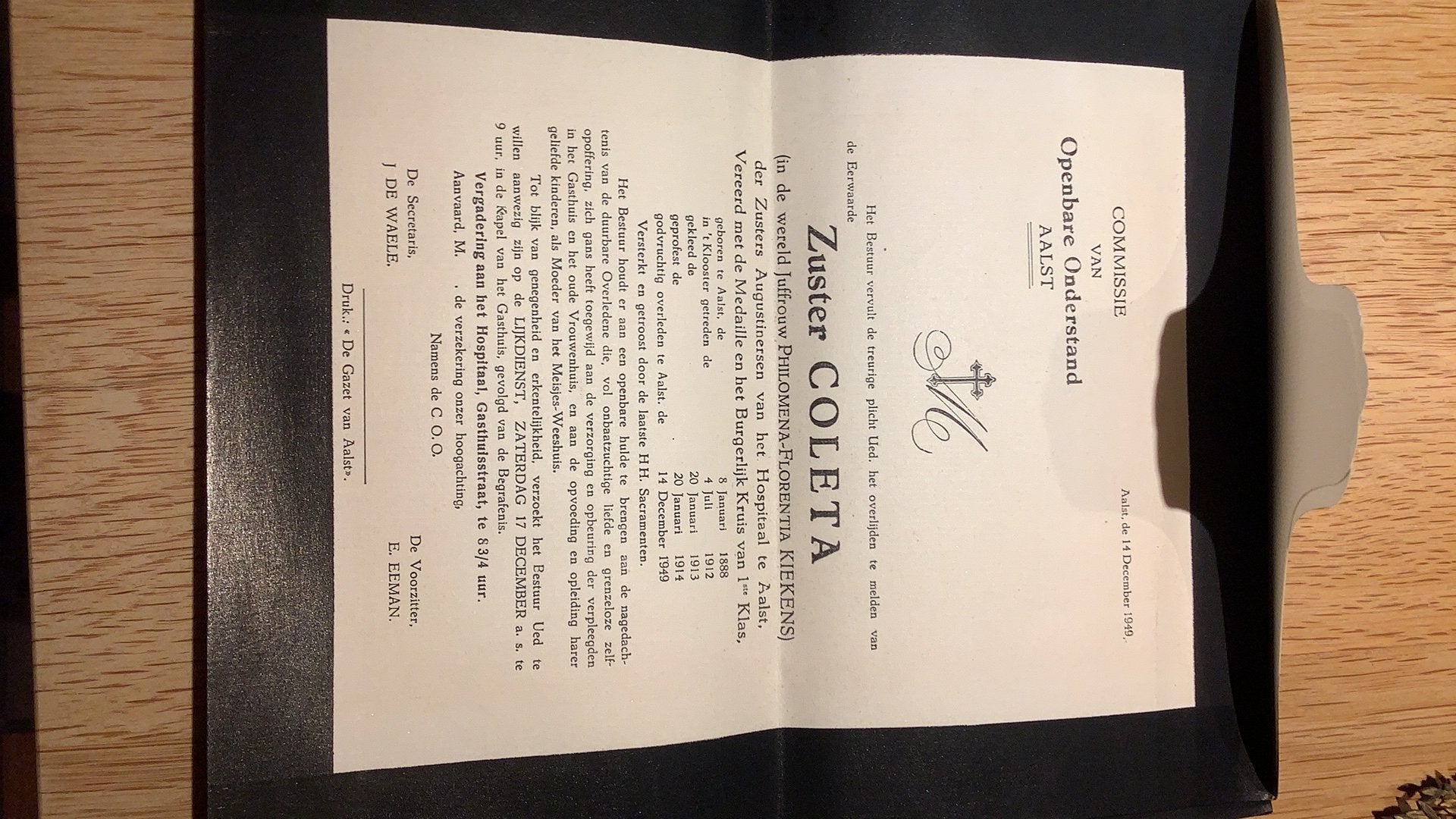 Doodsbrief  Zuster Coleta  Hospital Aalst  1949, Ophalen of Verzenden
