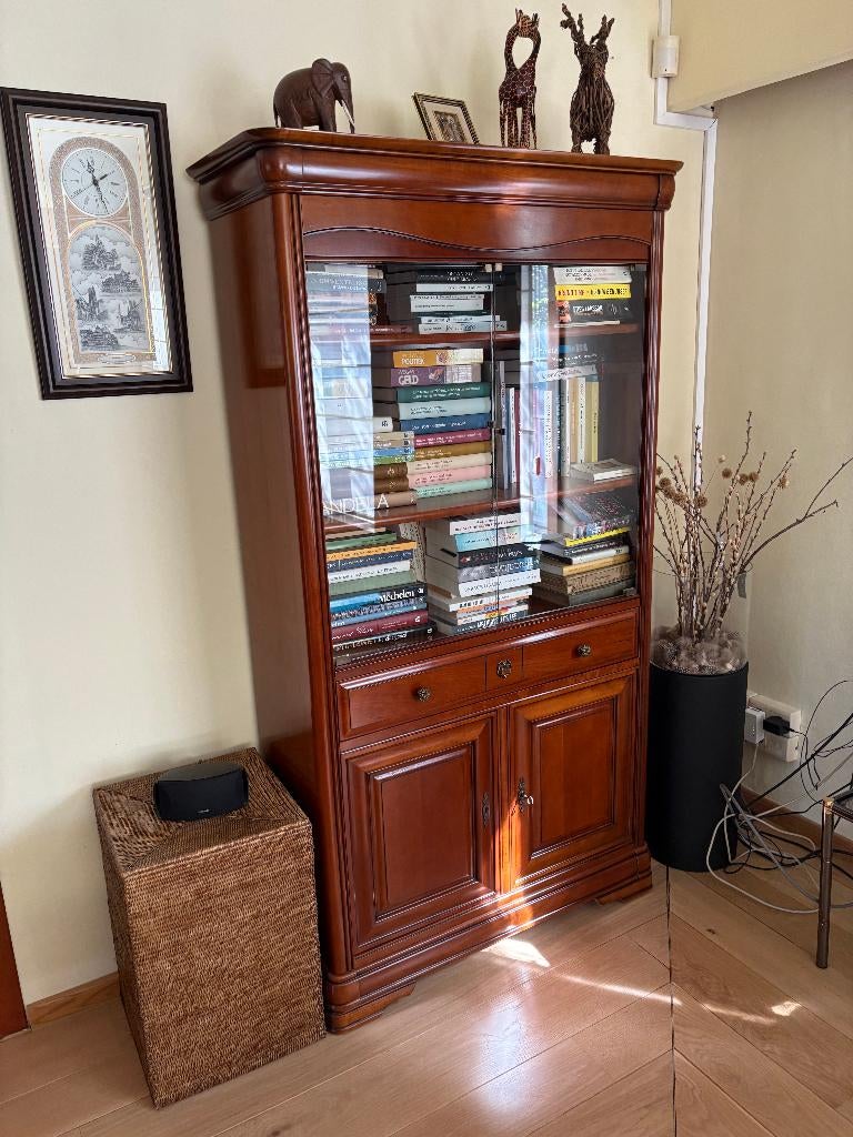 Massief kerselaren boekenkast met glas, lade en deurtjes., Huis en Inrichting, Ophalen, Glas, 50 tot 100 cm, 150 tot 200 cm