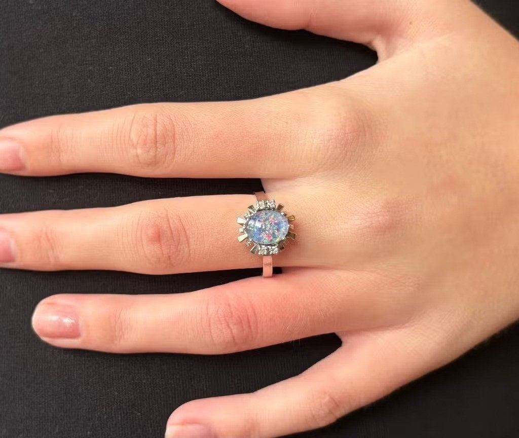 Diamanten opaal 14k gouden luxe ring dame briljant rozet, Ophalen of Verzenden, Zo goed als nieuw, Dame of Heer, Met edelsteen