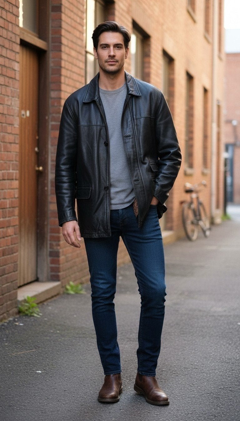 veste en cuir et chemise en batik, Enlèvement ou Envoi, Porté, Taille 52/54 (L), Camion