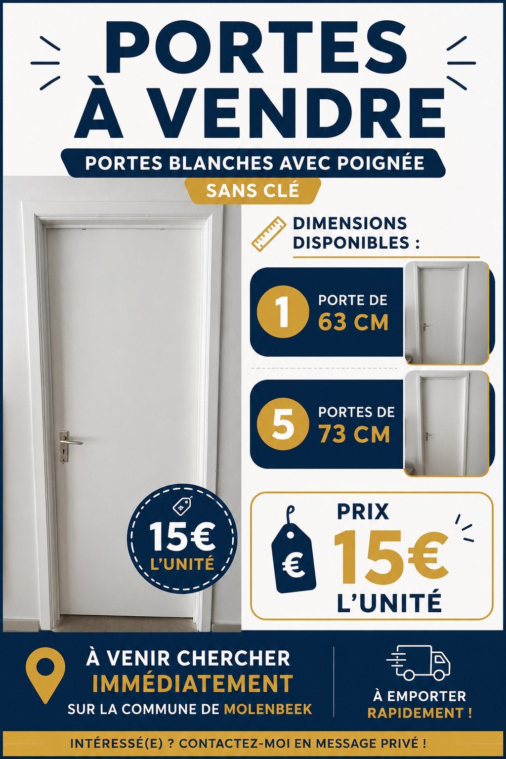 Portes blanches avec poignée (sans clé) 15,00€ l’unité, TV, Hi-fi & Vidéo, Batteries, Enlèvement, Comme neuf