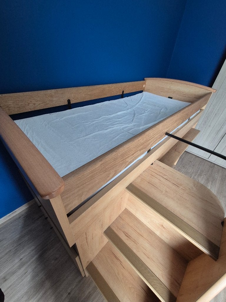 kinderbed hoogslaper met bureau en opbergruimte, Ophalen, 100 cm, Eenpersoons, Bruin