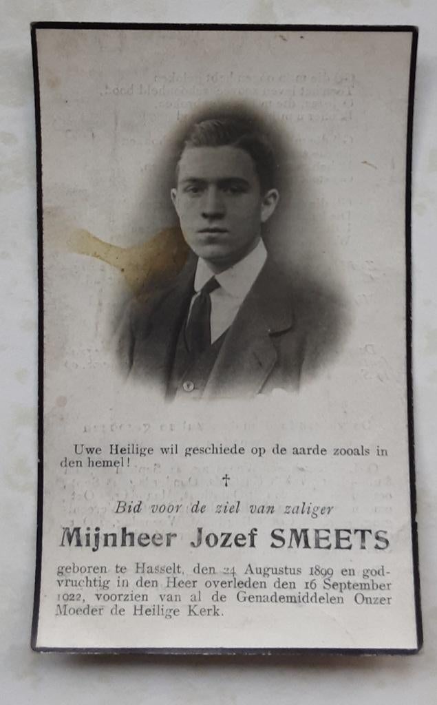 bidprentje Jozef Smeets Hasselt 1899 en er †1922, Verzamelen, Verzenden, Bidprentje