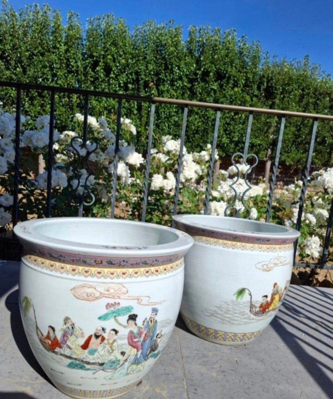 tweemaal sierpotten met Chinese tekeningen, Tuin en Terras, Ophalen, Steen, Gebruikt, 40 cm of meer