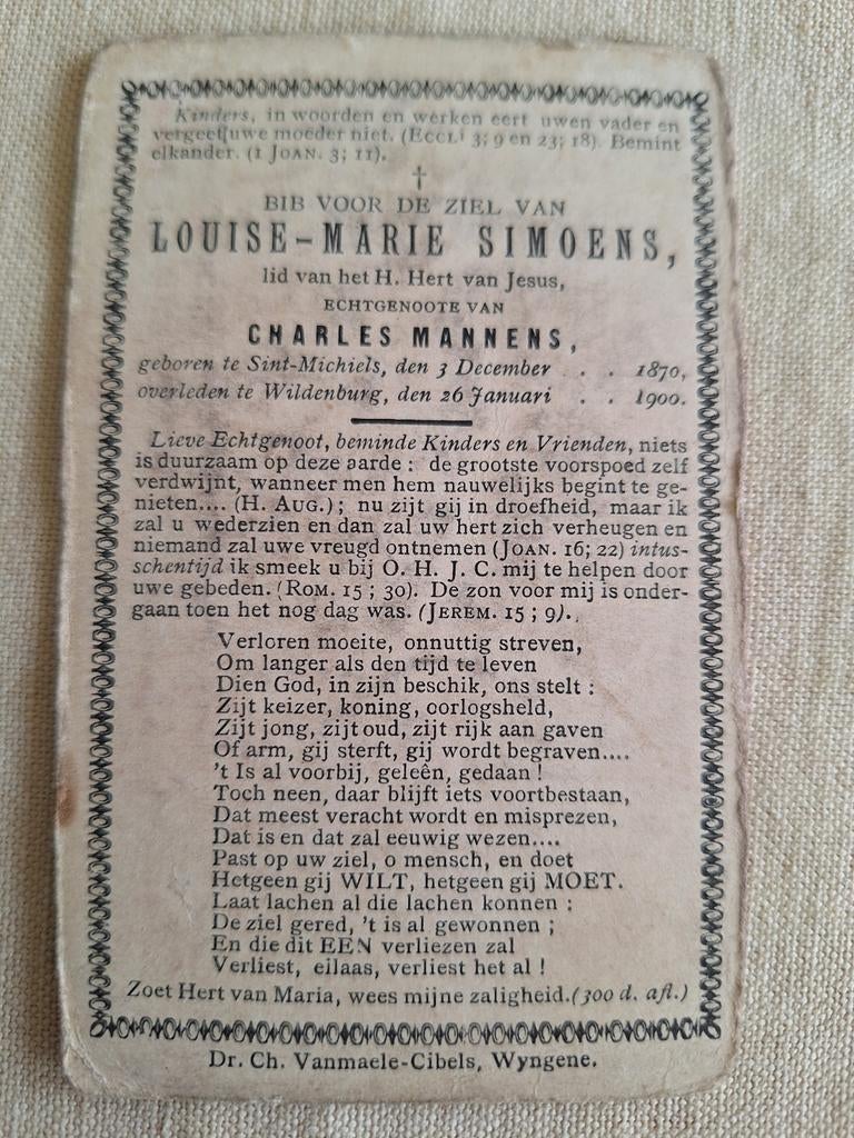 Bidprentje louise-Marie Simoens Sint-Michiels 1870 - 1900, Ophalen of Verzenden, Bidprentje