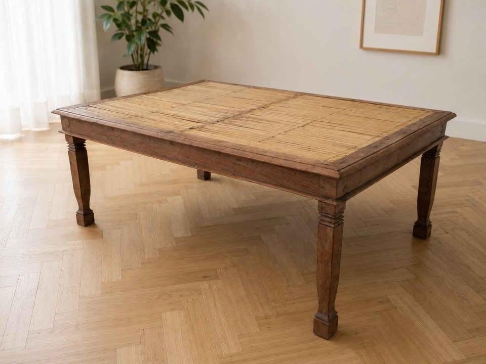 Vintage salontafel van hout en bamboe — 109  74 cm, Huis en Inrichting, Ophalen, Gebruikt, 100 tot 150 cm, 50 tot 100 cm