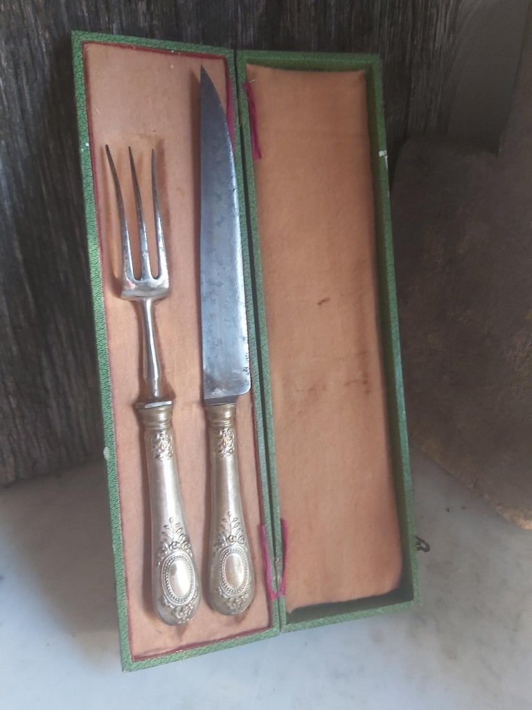 Oude franse verzilverde snij set grote vleesmes en vleesvork, Antiek en Kunst, Ophalen of Verzenden