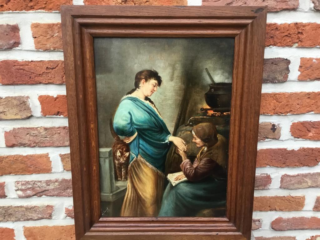 Charles Creyf-olie/paneel-De waarzegster-42x33 met kader, Antiek en Kunst, Kunst | Schilderijen | Klassiek, Ophalen of Verzenden
