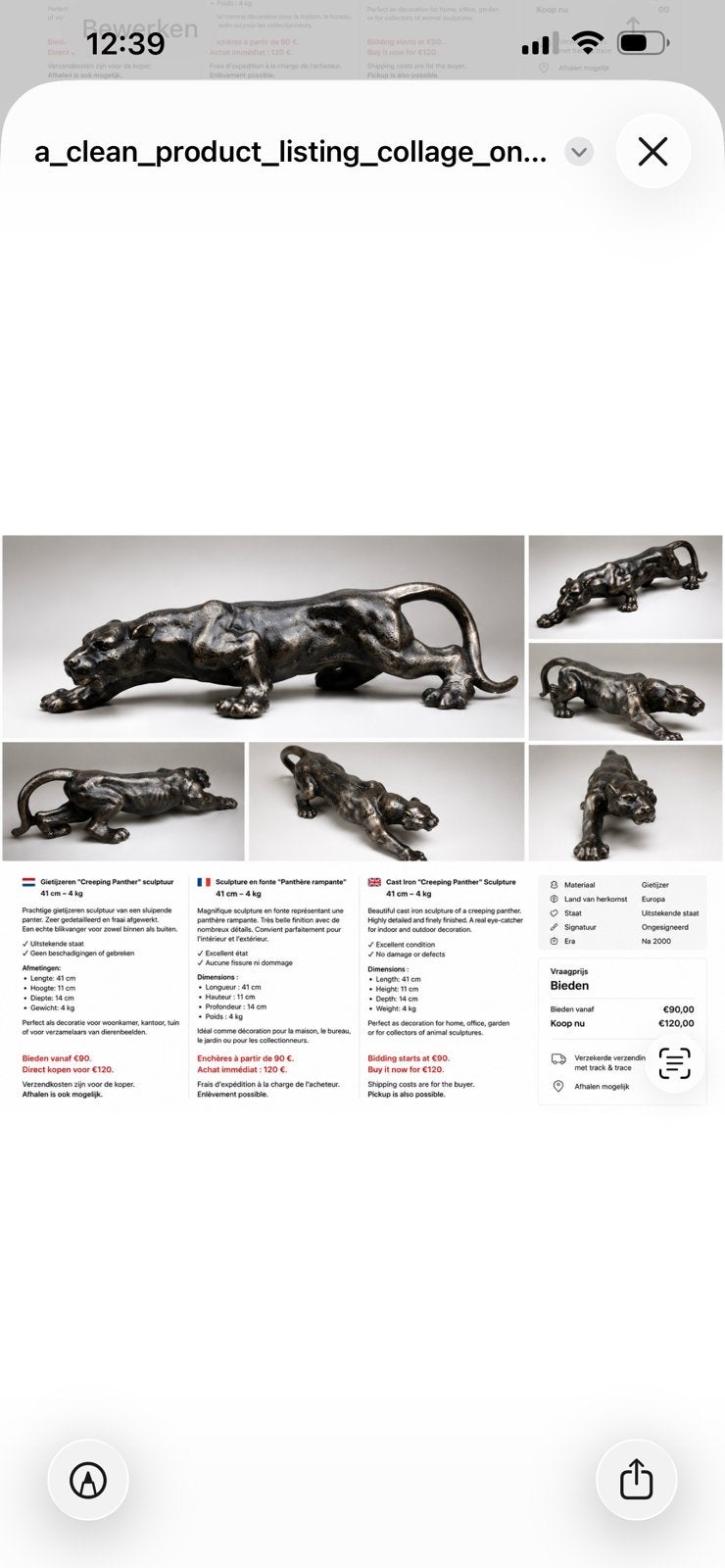 Gietijzeren “Creeping Panther” sculptuur – 41 cm – 4 kg, Ophalen, Gereviseerd