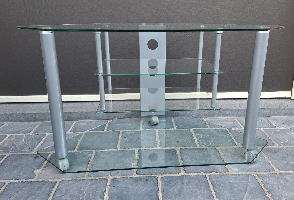 Glazen tv en media meubel, Huis en Inrichting, Kasten |Televisiemeubels, Ophalen, Gebruikt, 100 tot 150 cm, Glas