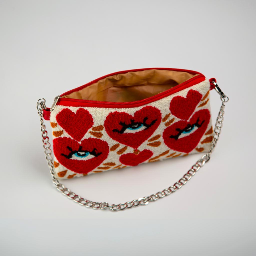 Hartvormige clutch met oog, handgemaakte tas uit Colombia, Envoi, Neuf, Rouge, Sac à main