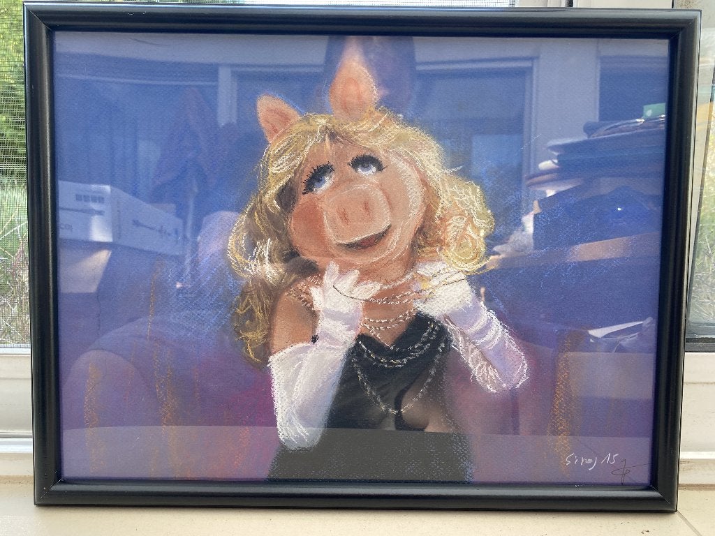 Originele pasteltekening Miss Piggy, Antiquités & Art, Enlèvement ou Envoi, Dessin, Dessin au pastel, Fait main