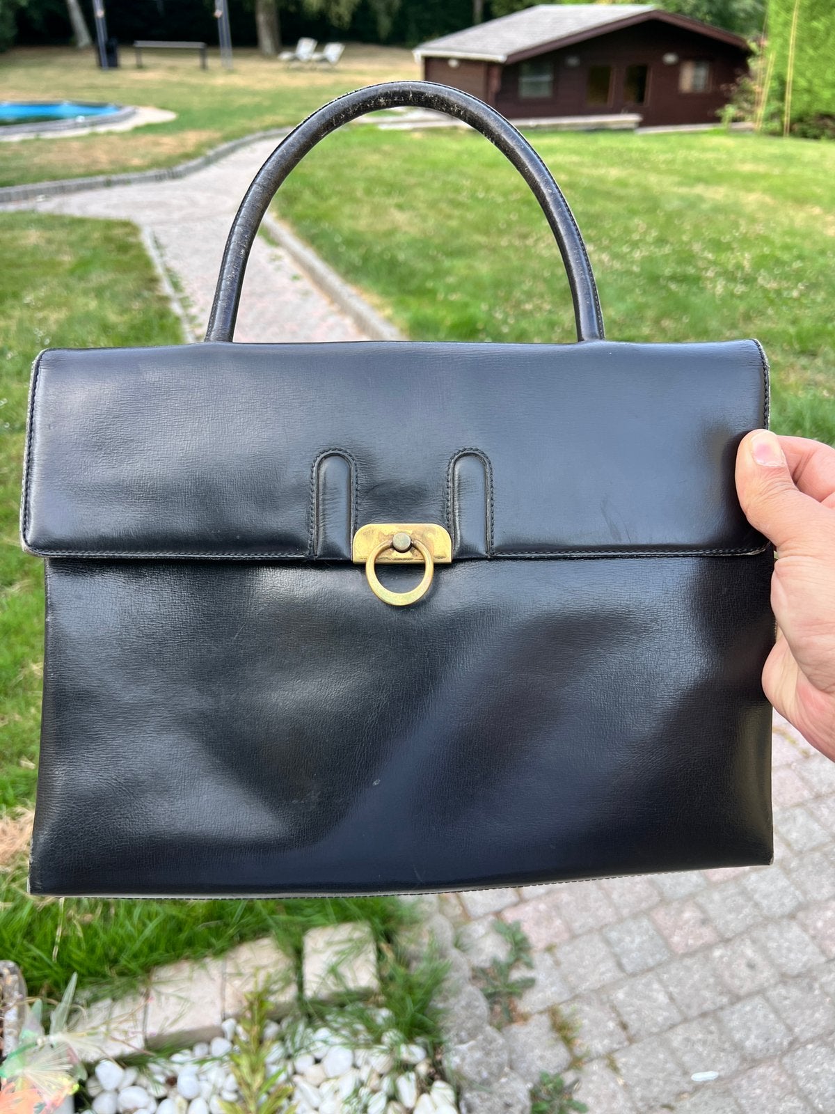 DELVAUX HANDTAS IN ZWART LEER - VINTAGE, Handtassen en Accessoires, Ophalen of Verzenden, Zo goed als nieuw, Zwart