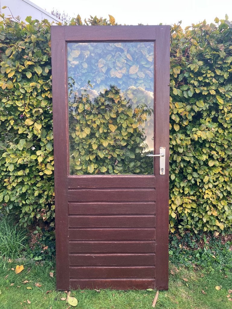 merbau achterdeur, Deurkozijn, Zo goed als nieuw, 150 tot 225 cm, Inclusief glas