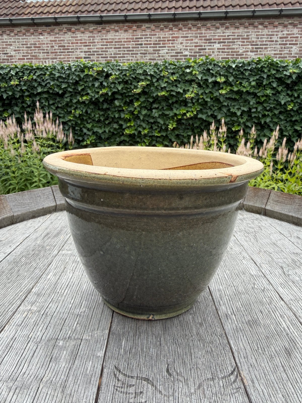 Groene geglazuurde terracotta bloempot, Ophalen, Zo goed als nieuw, Terracotta, Binnen