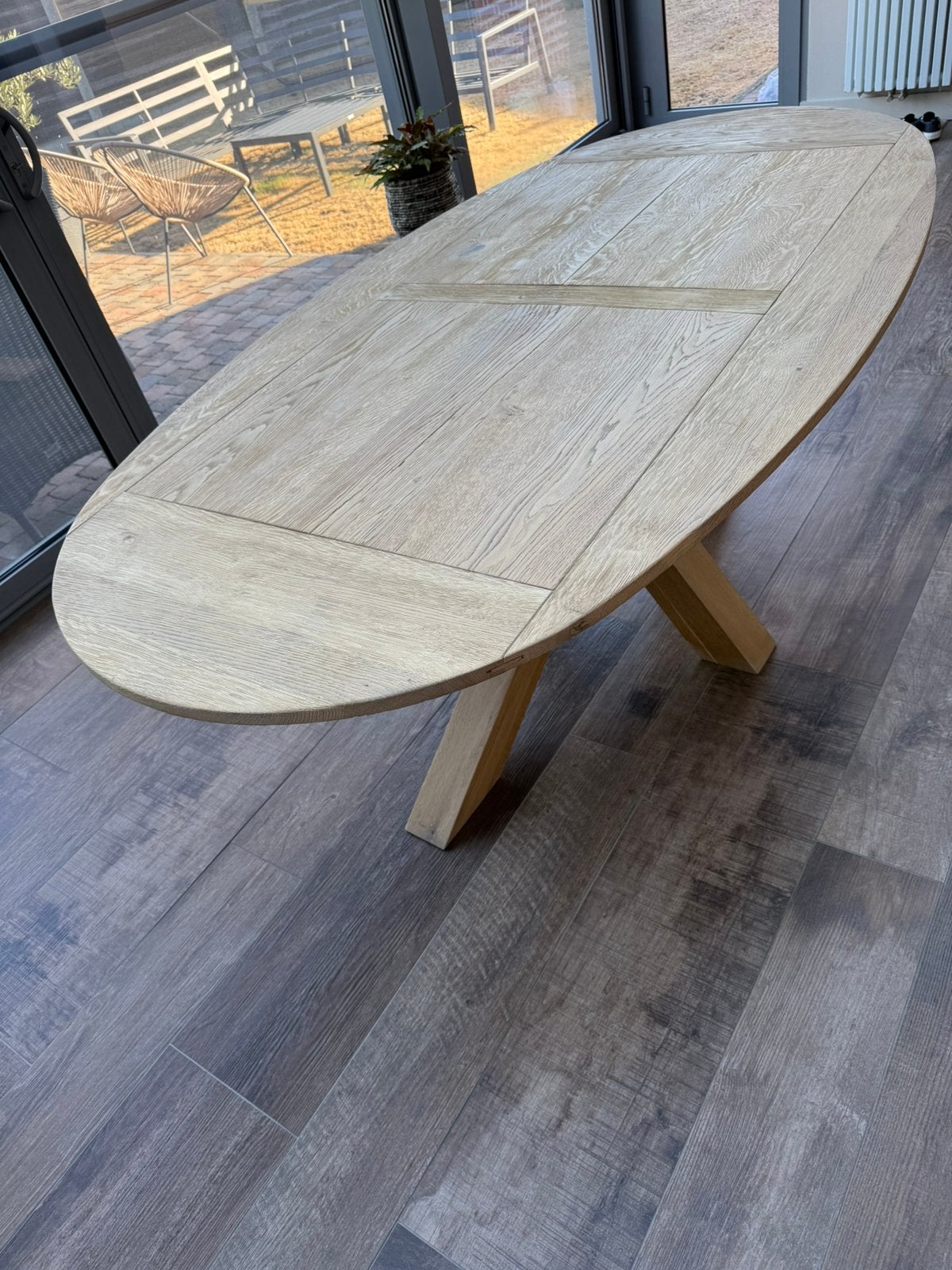 Eettafel 6/8 personen, vol eik, handgemaakt, Huis en Inrichting, Ophalen, 150 tot 200 cm, Eikenhout, Zo goed als nieuw