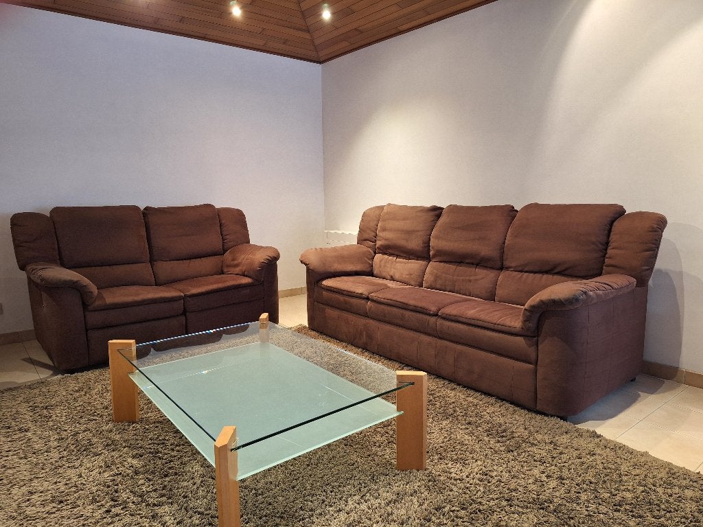 Comfortabele en stevige salon 3-zit + 2-zit met relaxfunctie, Huis en Inrichting, Ophalen, Gebruikt, Rechte bank, Stof