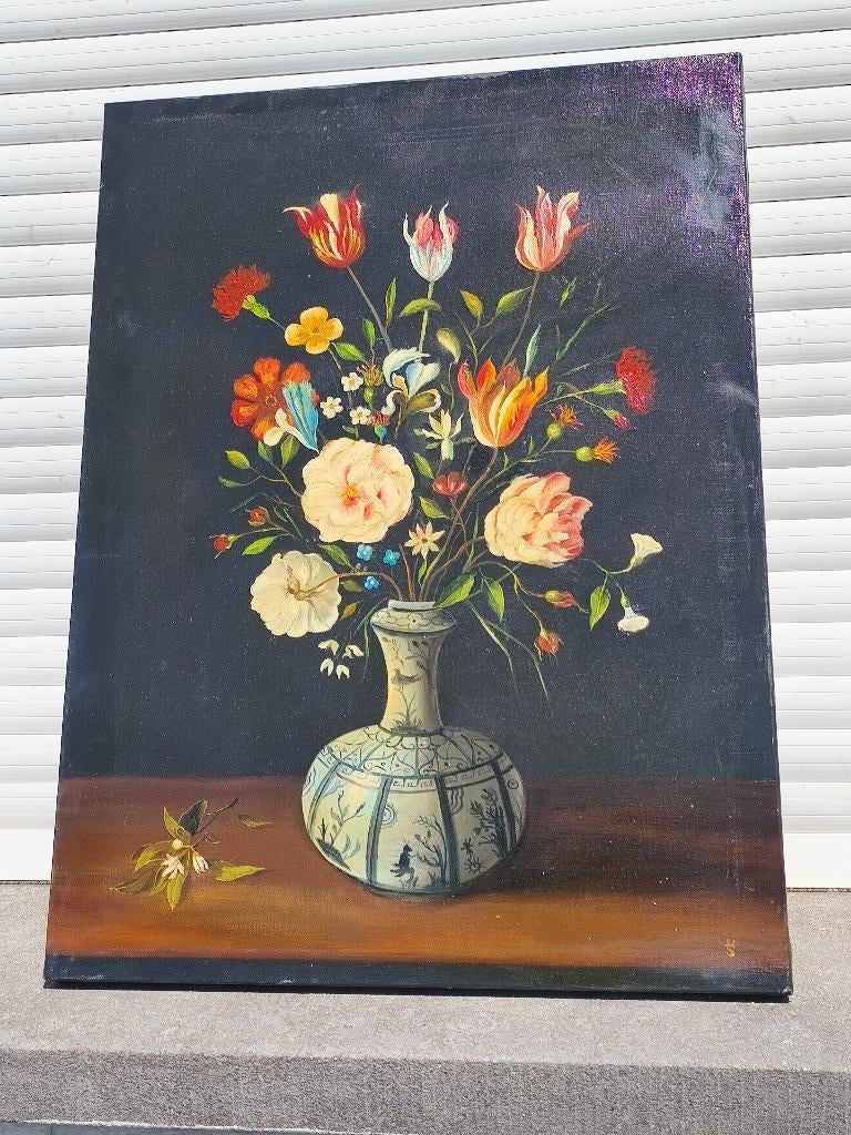 Huile sur toile fleurs monograme, Enlèvement ou Envoi