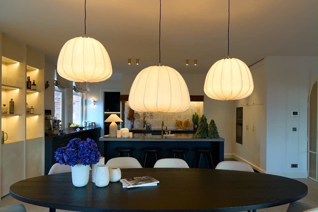 3 design hanglampen / pendels met stoffen kap, Enlèvement, Comme neuf