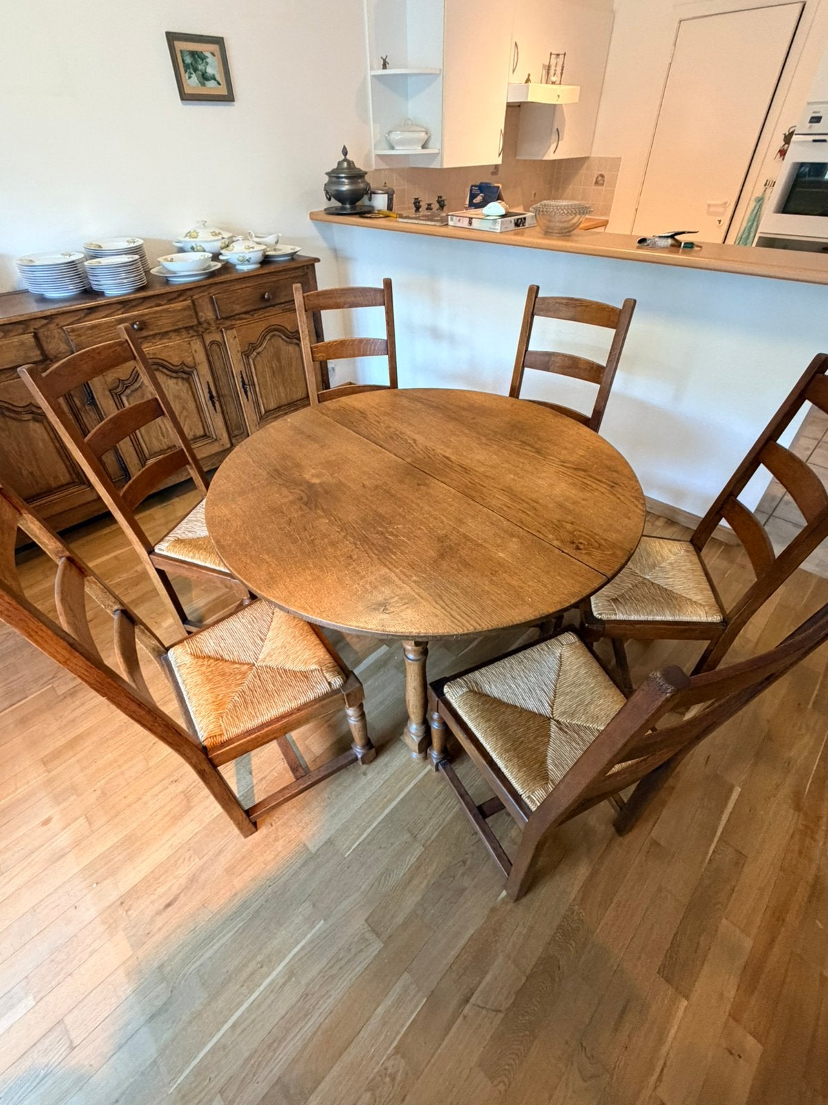 Table à manger en chêne massif avec 6 chaises, Enlèvement, Utilisé