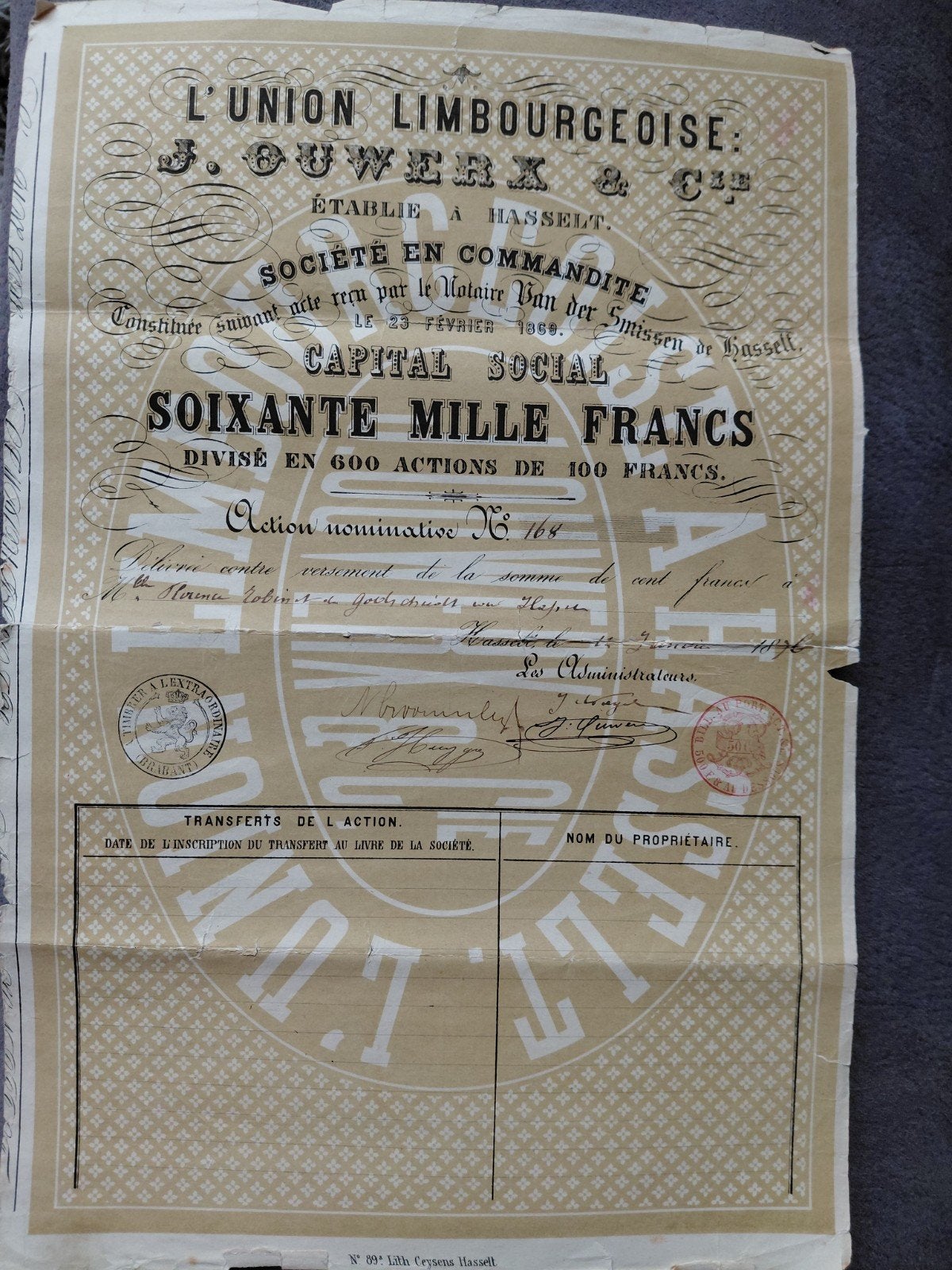 zeldzaam topstuk 1876 L'union Limbourgeoise Hasselt, Timbres & Monnaies, Enlèvement ou Envoi, Avant 1920, Action
