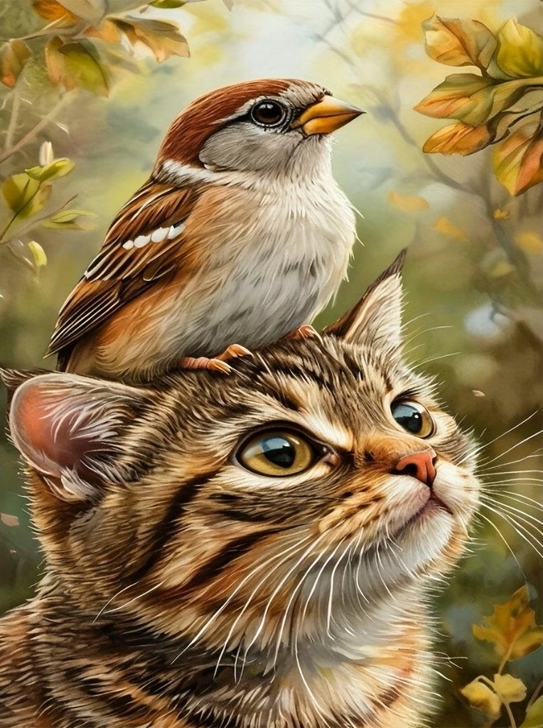 Peinture au diamant 50x40cm chat et oiseau (carré) n 54, Neuf, Brun, Autres matériaux, Autres marques