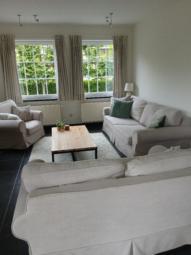 3 delig beige salon in stof met salontafel, Huis en Inrichting, Ophalen, Gebruikt, Modern landelijk, Rechte bank