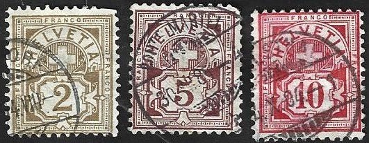 3 Postzegels Zwitserland 1882 Kruis en cijfer (II), Ophalen of Verzenden, Gestempeld