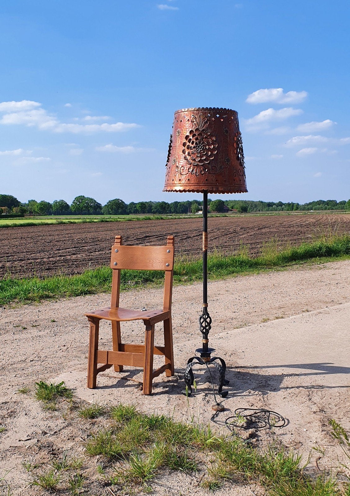 vintage koperen staande lamp, Ophalen, Zo goed als nieuw, Vintage brutalist landelijk, 150 tot 200 cm