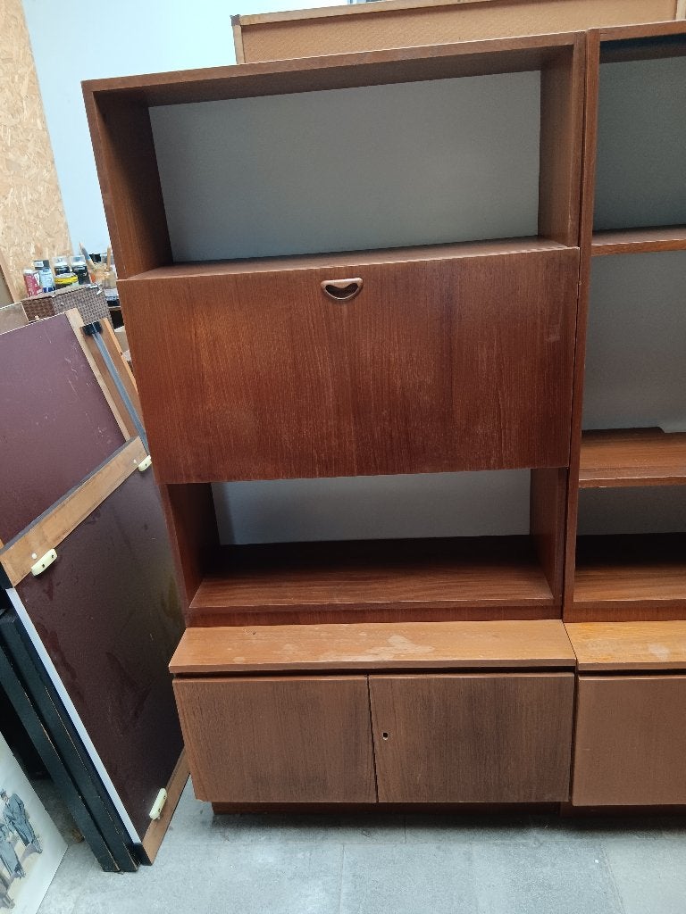 Set 2 vintage teak wandkasten met secretaire, Huis en Inrichting, Ophalen, Gebruikt, 100 tot 150 cm, Met deur(en)