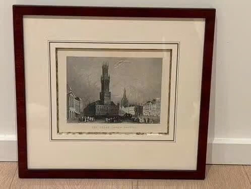 Gravure Halletoren en Markt Brugge (Bartlett), Enlèvement ou Envoi, Gravure, Encadré