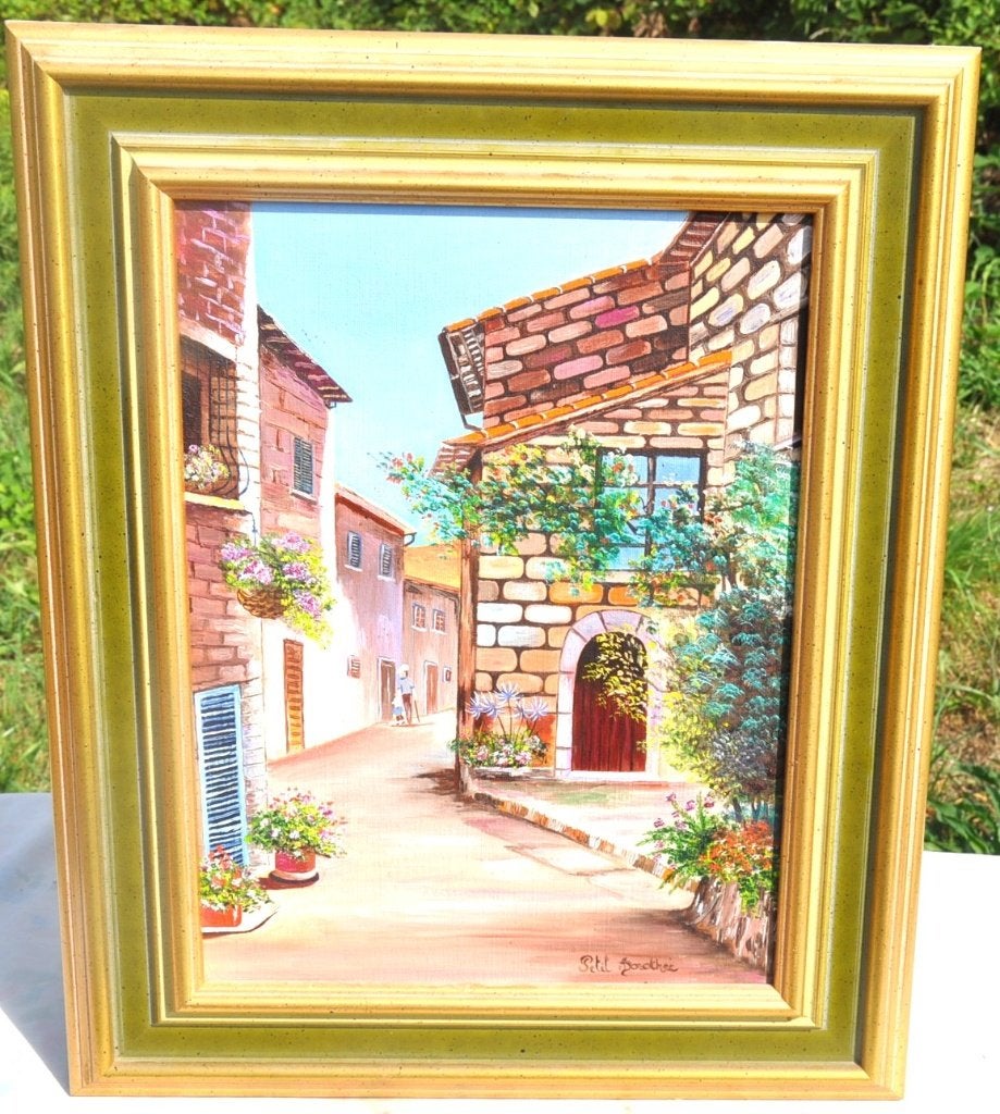 peinture rue provençale cadre doré signé petit dorothée, Antiquités & Art, Art | Peinture | Classique, Enlèvement ou Envoi, Peinture acrylique