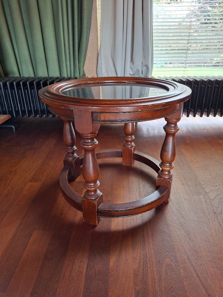 rond bijzettafeltje met glazen blad, Rond, 55 tot 75 cm, Zo goed als nieuw, Hout