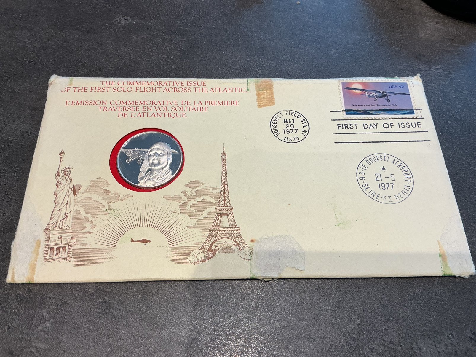 Numisbrief 50ste verjaardag  solovlucht 1977, Ophalen of Verzenden