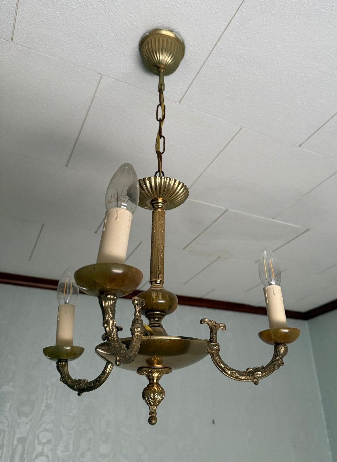 Prachtige Vintage Messing Kroonluchter met Onyx Marmer, Ophalen of Verzenden