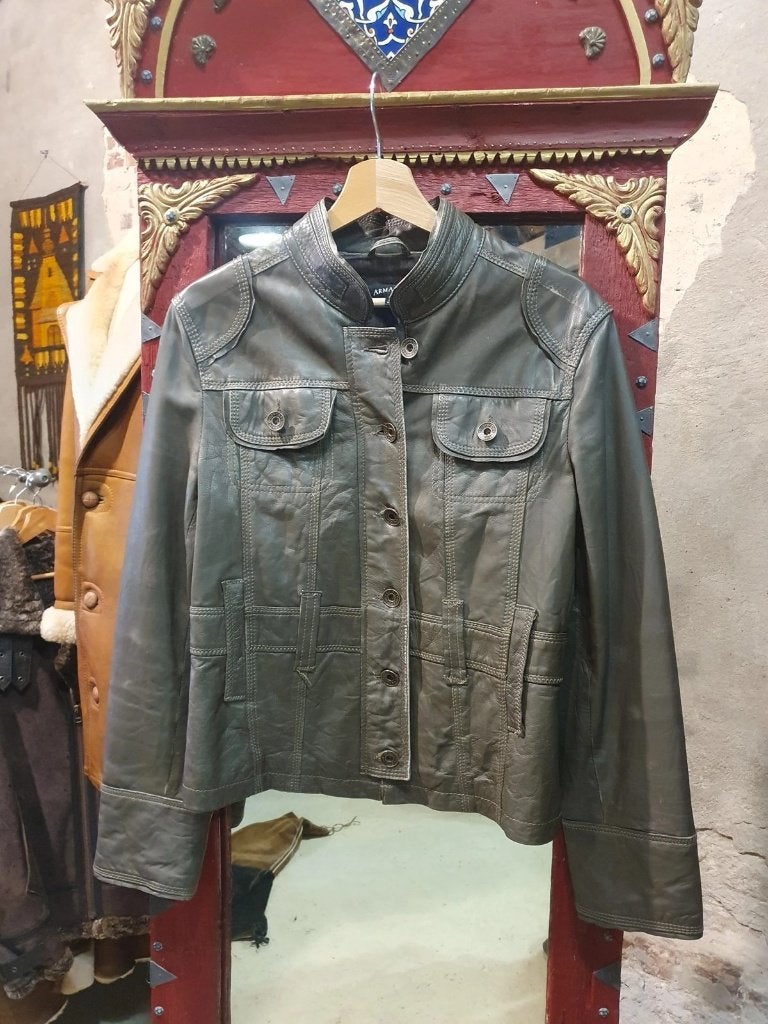 Lederen Khaki Dames Jas, echt leer - Maat 40, Armani Jeans, Maat 42/44 (L), Ophalen of Verzenden, Zo goed als nieuw