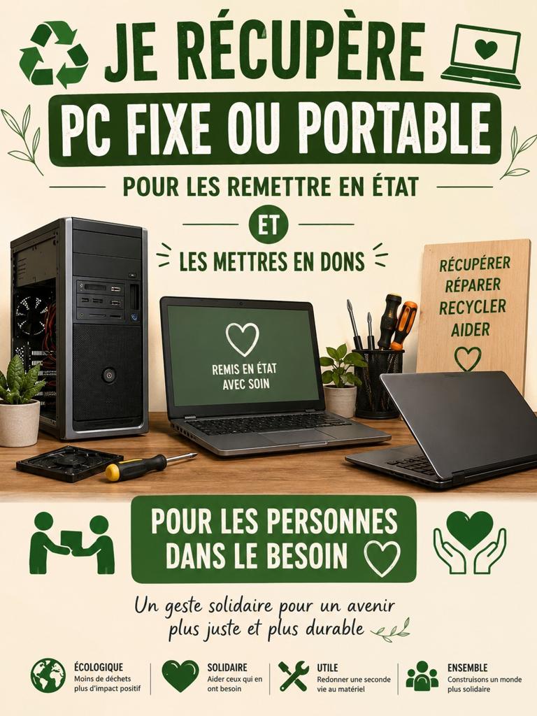 Je récupère pc portable ou fixe gratuitement pour les dons, Computers en Software, Desktop Pc's, Gebruikt, 3 tot 4 Ghz, HDD, SSD